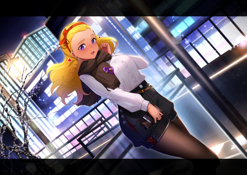 1girl :d amamiya_erena belt black_legwear black_shorts blonde_hair blush bow braid breasts brown_belt brown_scarf buttons christmas christmas_lights city commentary dark_skin dark_skinned_female dutch_angle earrings fence floating_hair forehead hair_bow hair_ribbon hairband hand_up heart highres holding holding_phone holding_wallet jewelry lamppost large_breasts letterboxed light_particles long_hair long_sleeves looking_at_viewer night night_sky nose_blush open_mouth outdoors pantyhose phone precure purple_eyes red_bow red_hairband red_ribbon ribbon rumo scarf shirt shorts sky smile solo sparkle spoken_heart star_(symbol) star_earrings star_twinkle_precure tree twin_braids walking white_shirt wristband