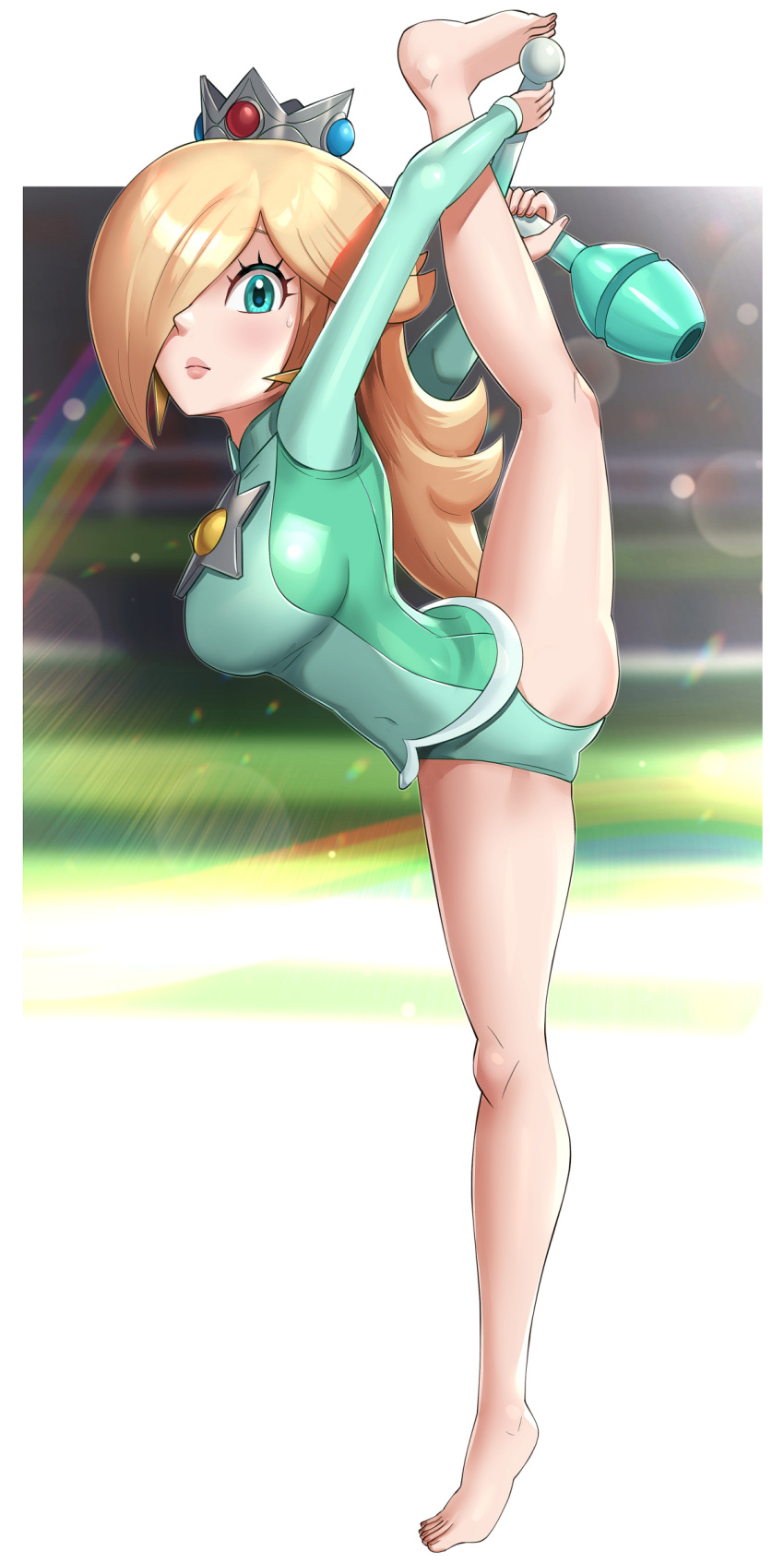 1girl adapted_costume bare_legs barefoot blonde_hair blue_eyes breasts club covered_navel crown flexible full_body gonzarez hair_over_one_eye highres lips long_hair long_sleeves looking_at_viewer mario_(series) object_request rosalina solo split standing standing_on_one_leg standing_split star_(symbol) super_mario_galaxy weapon