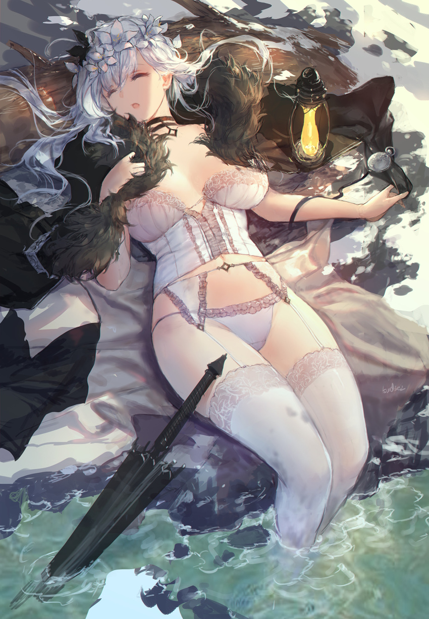 1girl black_umbrella breasts cleavage closed_umbrella garter_belt garter_straps highres lace-trimmed_panties lace_trim large_breasts lingerie long_hair negligee original panties sleeping solo strapless swd3e2 thighhighs umbrella underbust underwear white_hair white_legwear white_panties