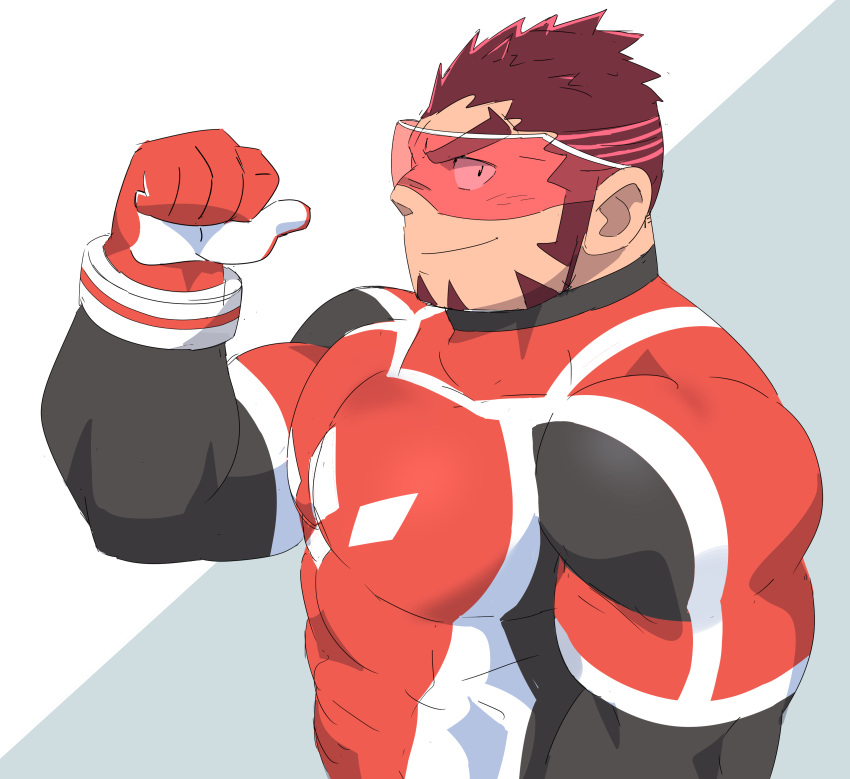 1boy absurdres akashi_(live_a_hero) bara bodysuit facial_hair from_side goatee highres large_pectorals live_a_hero long_sideburns male_focus mature_male multicolored_hair muscular muscular_male pink_hair pointing pointing_at_self red_bodysuit red_eyes red_hair ruizu_(takakisan503) short_hair skin_tight smile solo streaked_hair thick_eyebrows upper_body