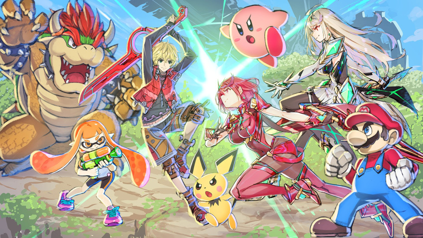 3girls 4boys battle battlefield bike_shorts black_shorts blonde_hair blue_sky bowser breasts cleavage covered_navel crossover day gen_2_pokemon gloves hat highres holding holding_sword holding_weapon inkling jewelry jumping kirby kirby_(series) large_breasts long_hair mario multiple_boys multiple_girls mythra_(xenoblade) official_art outdoors overalls pantyhose pichu pokemon pyra_(xenoblade) red_eyes red_hair red_headwear saitou_masatsugu shorts shulk_(xenoblade) sky splatoon_(series) super_smash_bros. sword weapon xenoblade_chronicles xenoblade_chronicles_(series) xenoblade_chronicles_2