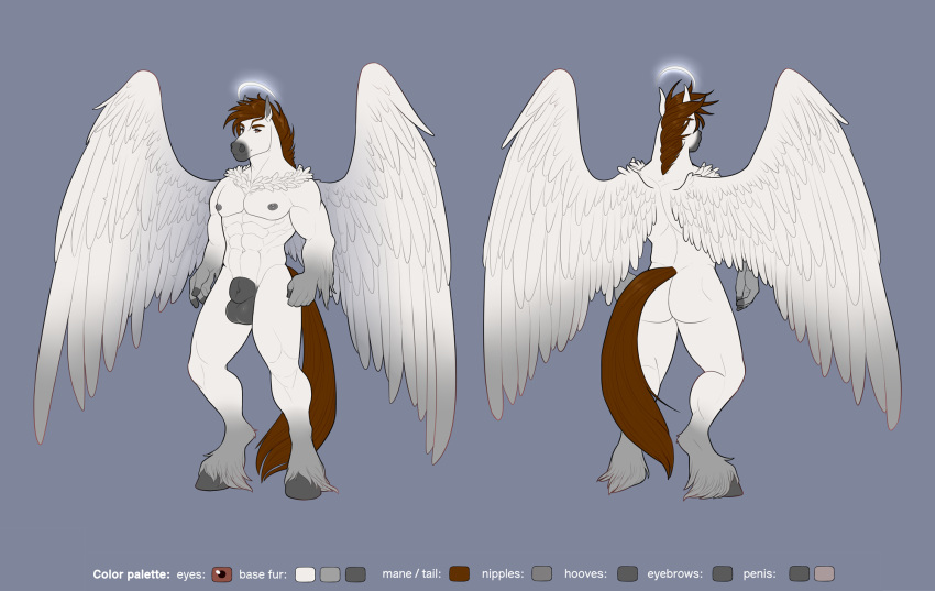 2020 abs animal_genitalia anthro apple-faced areola balls brown_eyes brown_hair brown_tail butt equid equine feathered_wings feathers full-length_portrait fully_sheathed fur genitals grey_areola grey_nipples hair halo hi_res male mammal model_sheet multiple_versions muscular muscular_anthro muscular_male nipples nude pegasus portrait sheath simple_background solo standing white_body white_fur white_wings wings