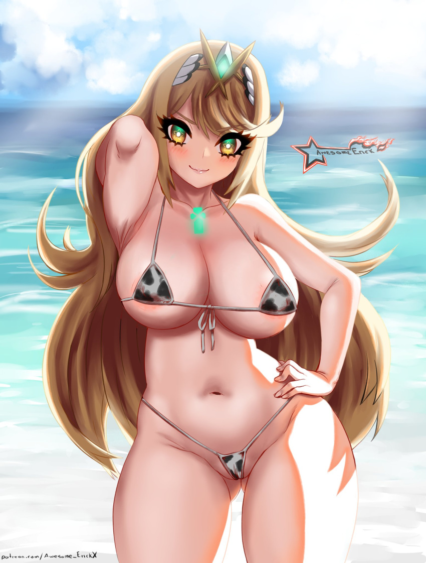 1girl animal_print areola_slip areolae arm_behind_head awesomeerix bangs beach bikini blonde_hair blush breasts chinese_zodiac cleavage closed_mouth cow_print hand_on_hip highres large_breasts long_hair looking_at_viewer micro_bikini mythra_(xenoblade) navel nintendo skindentation solo swept_bangs swimsuit underboob wide_hips xenoblade_chronicles_(series) xenoblade_chronicles_2 year_of_the_ox yellow_eyes