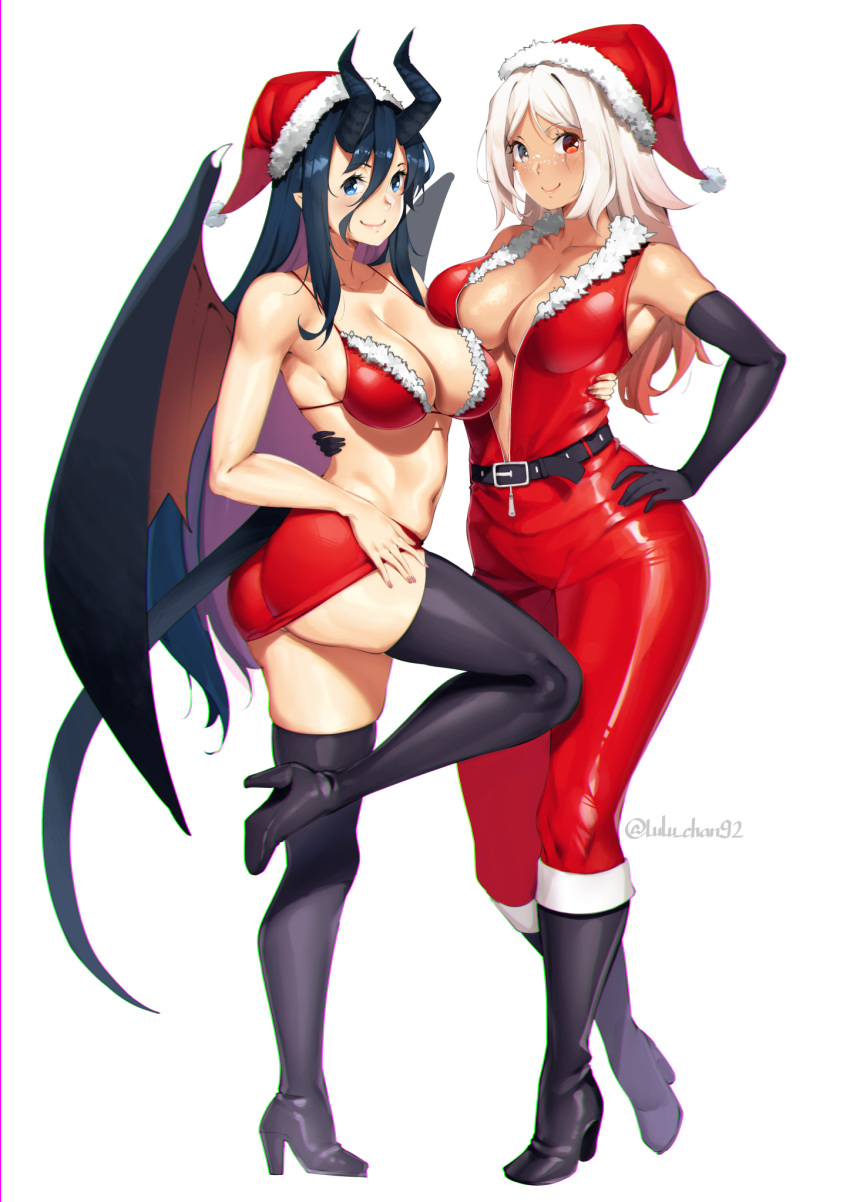 2girls ass bangs bare_shoulders belt bikini bikini_top black_belt black_footwear black_gloves black_legwear blue_eyes blue_hair boots borrowed_character breasts christmas collarbone colored_inner_hair dragon_girl dragon_horns dragon_tail dragon_wings elbow_gloves eyebrows_visible_through_hair full-length_zipper full_body fur-trimmed_bikini fur-trimmed_headwear fur_trim gloves gradient_hair grey_eyes hair_between_eyes hand_on_hip hat heterochromia high_heel_boots high_heels highres horns hug knee_boots large_breasts long_hair looking_at_viewer lulu-chan92 microskirt multicolored_hair multiple_girls navel no_bra original parted_bangs pink_hair pink_nails pointy_ears purple_hair red_bikini red_eyes red_headwear red_jumpsuit red_skirt santa_hat scar scar_across_eye simple_background skirt sleeveless standing standing_on_one_leg swimsuit tail thigh_boots thighhighs twitter_username unzipped very_long_hair white_background white_hair wings zipper zipper_pull_tab