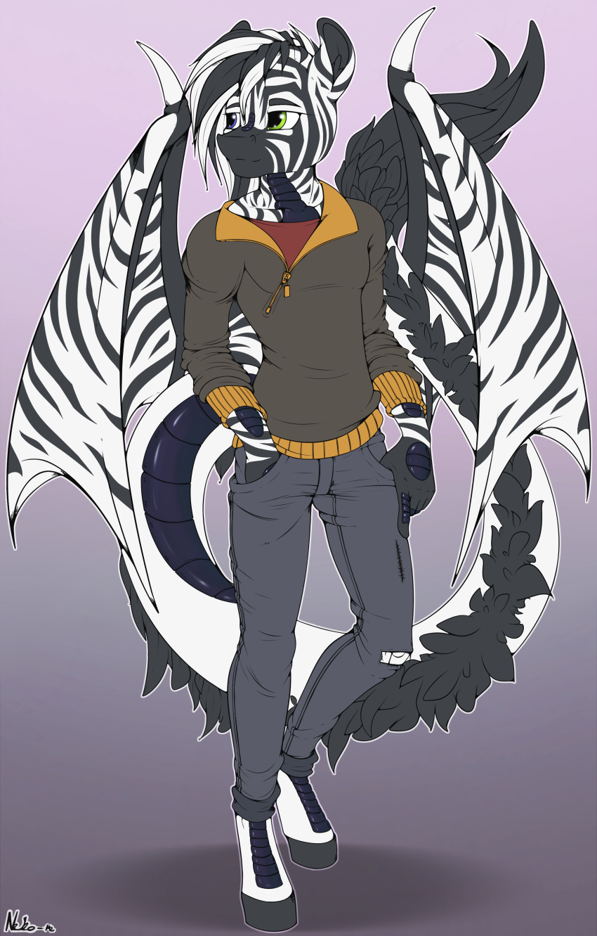 5_fingers absurd_res anthro clothed clothing dragon equid equine fingers hi_res hooves hybrid male mammal membrane_(anatomy) membranous_wings neko-me simple_background smile solo wings zebra