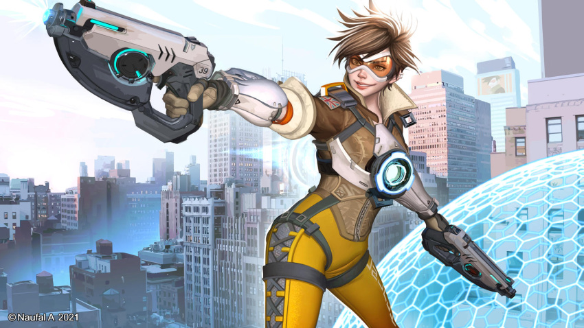 1girl asymmetrical_bangs bangs bodysuit bomber_jacket brown_eyes brown_hair chest_harness city cityscape collared_jacket cross-laced_clothes cross-laced_legwear dual_wielding finger_on_trigger gloves goggles grin gun handgun harness highres holding holding_gun holding_weapon jacket naufalaka overwatch pistol short_hair skin_tight smile solo spiked_hair standing tracer_(overwatch) vambraces weapon yellow_bodysuit