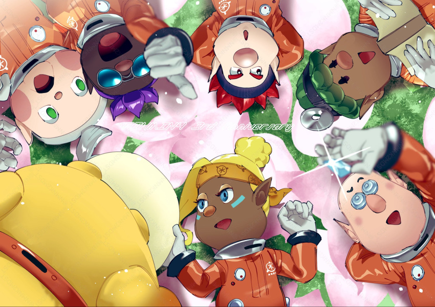 1girl 2girls 4boys 5boys :o alien animal_collar animal_ears arms_behind_head arms_up asymmetrical_bangs asymmetrical_hair backpack badge bag bald bernard_(pikmin) black_eyes black_headband blonde_hair blue-tinted_eyewear blue_eyes blue_headband blush_stickers buttons closed_eyes collar collin_(pikmin) commentary_request cowlick dark-skinned_female dark-skinned_male dark_skin dingo_(pikmin) dog dog_ears eyelashes facial_mark floppy_ears flower freckles glasses gloves goggles grass green_eyes green_hair hair_bun half-closed_eyes hat headband helmet highres holding jumpsuit large_nose leaf long_bangs looking_at_another lying missing_headwear multiple_boys multiple_girls nmnk2mdst no_mouth no_pupils oatchi_(pikmin) on_back open_mouth petals pikmin_(creature) pikmin_(series) pikmin_4 pink_flower pointing pointy_ears ponytail purple_hair radio_antenna red_bag red_collar red_eyes red_hair red_headband round_eyewear russ_(pikmin) shepherd_(pikmin) short_hair single_hair_bun smile solid_circle_eyes solid_eyes solid_oval_eyes space_helmet spacesuit sparkle spiked_hair thumbs_up tinted_eyewear upper_body upside-down v-shaped_eyebrows v-shaped_eyes very_dark_skin very_short_hair whistle white_gloves yellow_fur yonny_(pikmin)