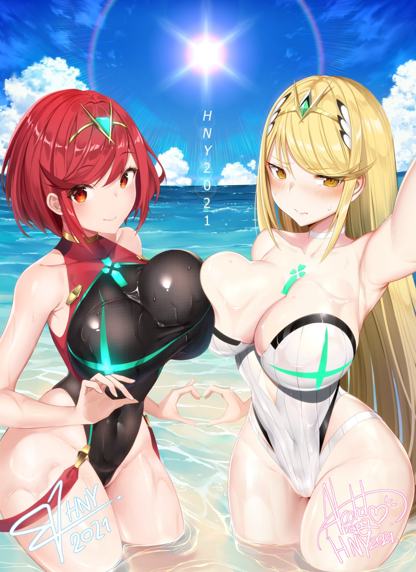 2girls alcoholrang armpit_crease armpits asymmetrical_docking bangs bare_shoulders beach black_swimsuit blonde_hair blue_sky blush breast-to-breast breast_press breasts bust_cup cameltoe casual_one-piece_swimsuit caustics chest_jewel choker cleavage closed_mouth clothing_cutout cloud commentary commentary_request competition_swimsuit covered_collarbone covered_navel cowboy_shot cutout_above_navel dot_nose dual_persona embarrassed emerald_(gemstone) eyebrows_visible_through_hair foreshortening gem glowing green_nails groin groin_tendon hair_between_eyes hair_ornament half-closed_eyes halterneck happy_new_year head_tilt headpiece heart heart_hands heart_hands_duo highleg highleg_swimsuit highres hip_vent horizon impossible_clothes impossible_swimsuit in_water jewelry large_breasts legs_together lens_flare light_rays light_smile long_hair looking_at_viewer multiple_girls mythra_(xenoblade) nail_polish navel nervous new_year nintendo ocean one-piece_swimsuit outdoors outstretched_arm partially_submerged partially_visible_vulva pyra_(xenoblade) rangsiwut_sangwatsharakul red_eyes red_hair ribbed_swimsuit scowl self_shot shiny shiny_clothes shiny_hair shiny_skin short_hair shy sideboob sidelocks skin_tight sky slender_waist smile squish standing staring stomach_cutout straight_hair strap strapless strapless_swimsuit sun sunbeam sunlight swept_bangs swimsuit swimwear symmetrical_docking taut_clothes taut_swimsuit thick_thighs thighs tiara tsundere turtleneck v-shaped_eyebrows very_long_hair wading water waves wavy_mouth wet wet_clothes wet_swimsuit white_choker white_swimsuit wide_hips xenoblade_chronicles_(series) xenoblade_chronicles_2 yellow_eyes