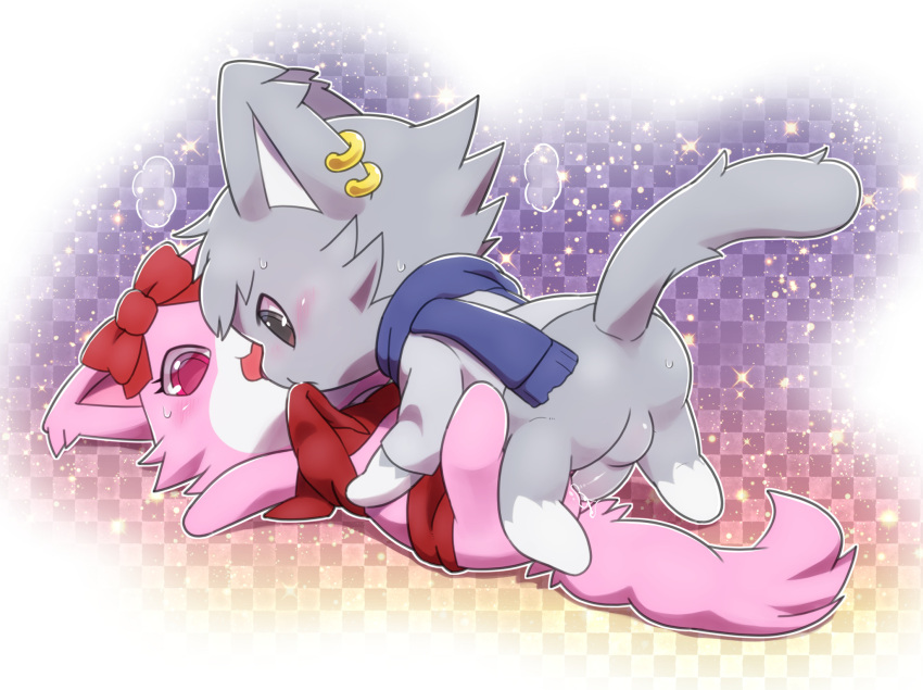 anthro chibi dian_(jewelpet) duo female fur garnet_(jewelpet) grey_body grey_fur hi_res jewelpet male male/female ofuro ofuro_(artist) pink_body pink_fur sanrio