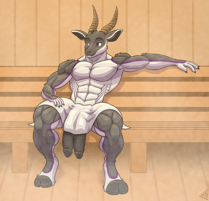 absurd_res antelope anthro big_penis bovid deltaepsilon digitigrade diphallism genitals hi_res hooves horizontal_diphallism horn huge_penis humanoid_genitalia humanoid_penis hyper hyper_genitalia hyper_penis male mammal multi_genitalia multi_penis penis sauna sitting solo towel