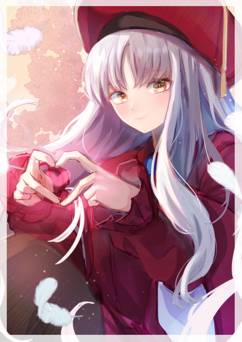 1girl absurdres bangs beret blush breasts brooch caren_hortensia caren_hortensia_(amor_caren) closed_mouth dress fate/grand_order fate_(series) feathers hat heart heart_hands highres jewelry long_hair long_sleeves looking_at_viewer medium_breasts nagute neck_ribbon red_dress red_headwear ribbon shawl smile wavy_hair white_hair yellow_eyes