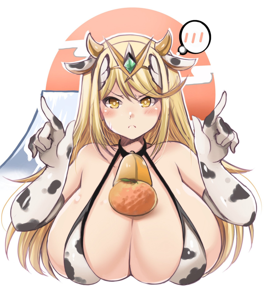 1girl alternate_costume animal_ears animal_print bangs bare_shoulders bell bikini blonde_hair blush breasts chinese_zodiac cleavage cow cow_ears cow_print elbow_gloves gem gloves hair_ornament headpiece highres huge_breasts jewelry kurokaze_no_sora large_breasts long_hair looking_at_viewer mythra_(xenoblade) nervous sideboob solo swept_bangs swimsuit tiara tsundere very_long_hair xenoblade_chronicles_(series) xenoblade_chronicles_2 year_of_the_ox yellow_eyes