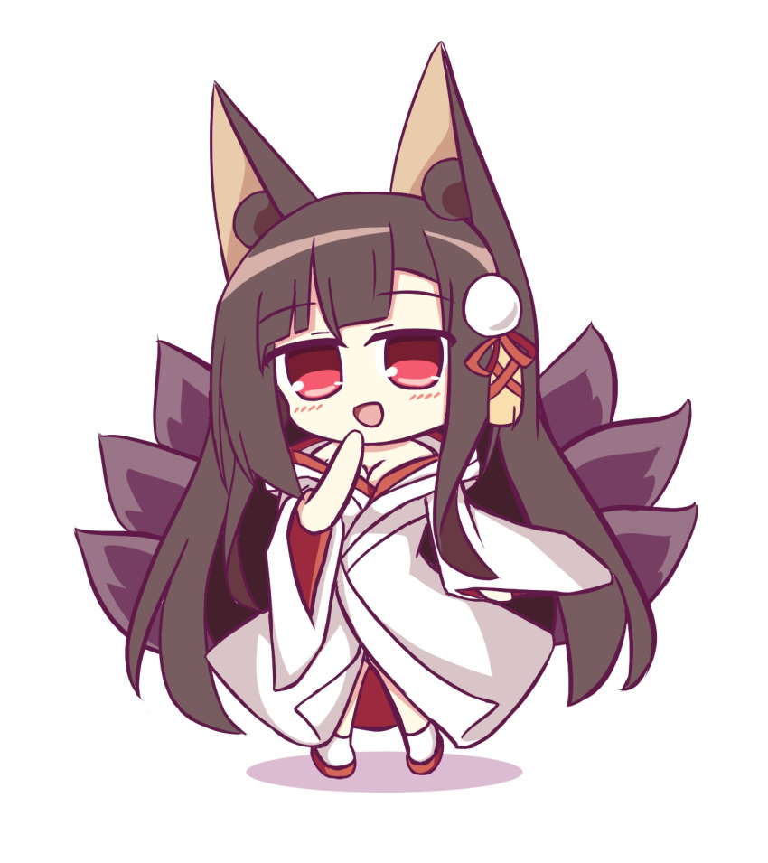 1girl akagi_(azur_lane) akagi_(deep_crimson_poppy)_(azur_lane) animal_ear_fluff animal_ears azur_lane breasts chibi cleavage eyebrows_visible_through_hair fox_ears fox_tail full_body highres japanese_clothes kashimu kimono kitsune kyuubi large_breasts long_hair multiple_tails off-shoulder_kimono official_alternate_costume red_eyes red_footwear shadow simple_background solo tail uchikake white_background white_kimono wide_sleeves