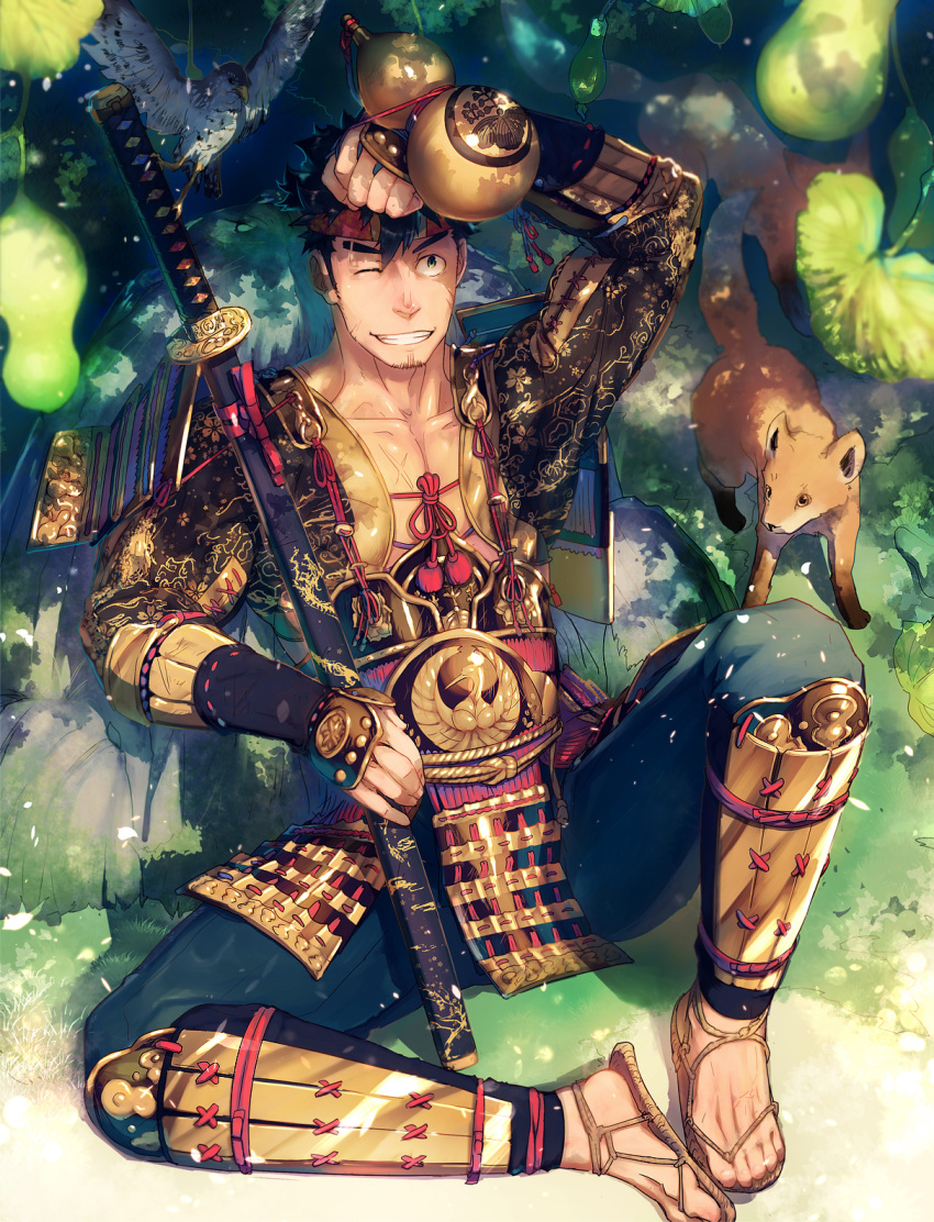 1boy armor bara black_hair facial_hair fox full_body headband highres japanese_armor katana knee_up large_pectorals male_cleavage male_focus mature_male mouri_katsunaga muscular muscular_male scar scar_on_chest sengoku_taisen sheath sheathed short_hair smile solo stomach stubble sunlight sword tagme tokonatu weapon