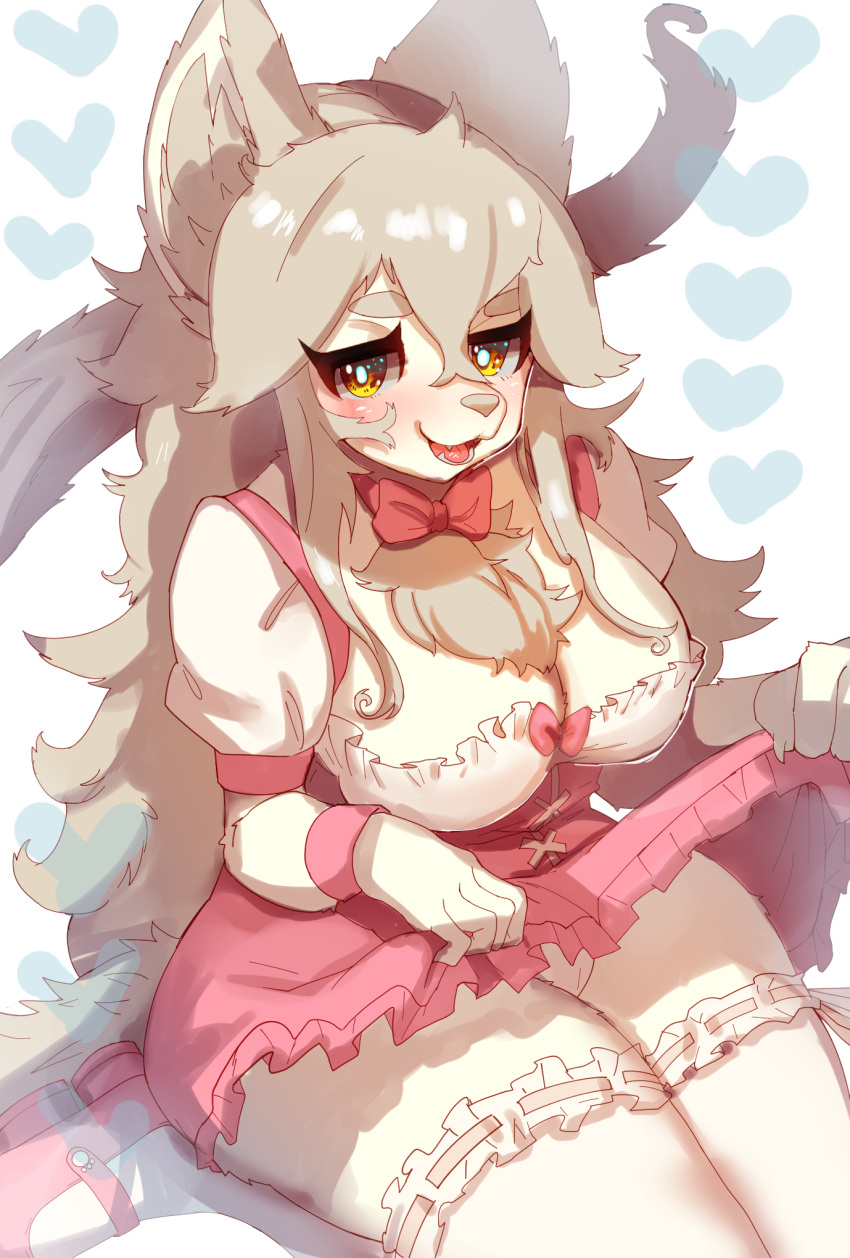 &lt;3 2021 5_fingers anna_miller anthro big_breasts blush bow_tie breasts camel_toe canid canine chest_tuft claws cleavage clothed clothing clothing_lift dress female fingers footwear fur hair hi_res inner_ear_fluff kemono kneeling legwear long_hair looking_at_viewer mammal mary_janes onikuman open_mouth panties pink_clothing shoes simple_background solo tan_body tan_fur tan_hair tan_nose teeth thick_thighs thigh_highs tongue tuft underwear uniform waiter white_background white_body white_clothing white_fur yellow_nose