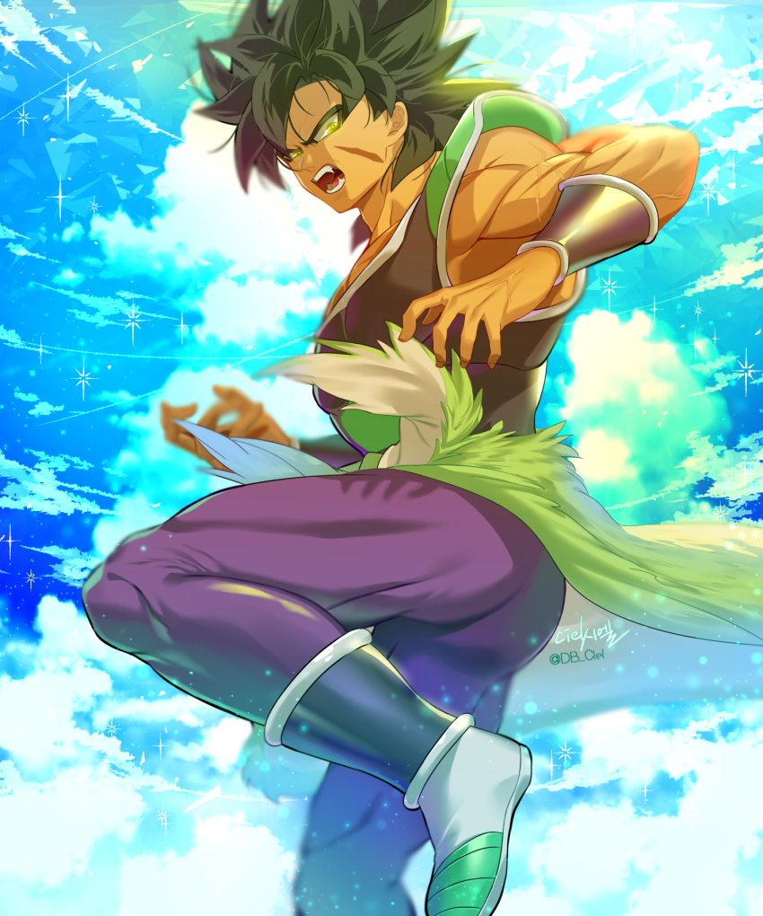 1boy bara black_hair broly_(dragon_ball_super) cloud cloudy_sky dragon_ball dragon_ball_super dragon_ball_super_broly fighting_stance foot_out_of_frame from_side highres knee_up looking_at_viewer male_focus medium_hair muscular muscular_male pants pectorals saiyan_armor scar scar_on_cheek scar_on_face skin_tight sky solo spiked_hair tarutobi thighs tight tight_pants yellow_eyes