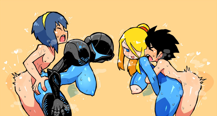 2boys 2girls ^^^ armor bent_over black_hair blonde_hair blue_eyes blue_hair bodysuit breasts clothed_female_nude_male dark_samus fire_emblem from_side group_sex hair_over_one_eye hairband heart helmet hetero highres hug hug_from_behind large_breasts long_hair marth_(fire_emblem) metroid multiple_boys multiple_girls nippleless_clothes nipples nude one_eye_covered open_mouth orgasm orgy pauldrons ponytail rariatto_(ganguri) rockman rockman_(character) rockman_(classic) samus_aran sex sex_from_behind shoulder_armor simple_background standing standing_sex super_smash_bros. yellow_background