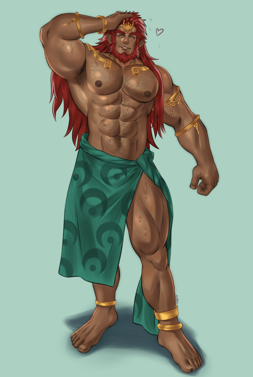 1boy abs absurdres anklet arm_up armpit_hair bangs bara barefoot beard bracelet chest_hair commentary dark_skin dark_skinned_male earrings facial_hair full_body ganondorf heart highres jewelry k_sen212 loincloth long_hair male_focus muscular muscular_male navel_hair nipples pectorals red_eyes red_hair shirtless solo standing tattoo the_legend_of_zelda thick_thighs thighs