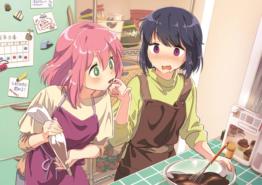 2girls apron bag blue_hair blush bowl can chocolate chocolate_on_fingers commentary finger_licking food green_eyes highres hotaru_iori indoors kagamihara_nadeshiko kitchen licking looking_at_another magazine magnet muffin multiple_girls open_mouth overalls pink_hair purple_eyes refrigerator refrigerator_magnet shima_rin shirt short_hair sparkling_eyes spiral_eyes sticky_note surprised sweat wavy_mouth whisk yuri yurucamp