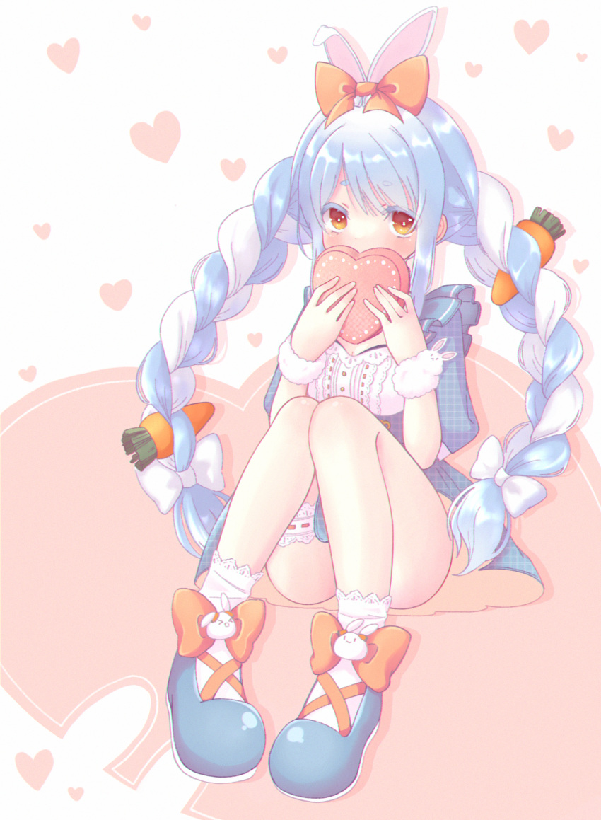 1girl animal_ears bangs blue_dress blue_footwear blue_hair blush bow box braid breasts bright_pupils bunny_ears carrot_hair_ornament center_frills convenient_leg covering_mouth dress eyebrows_visible_through_hair food_themed_hair_ornament frills gift gift_box hair_bow hair_ornament heart heart-shaped_box heart_background highres holding holding_gift hololive knees_up leg_garter long_hair looking_at_viewer mixed-language_commentary multicolored_hair orange_bow orange_eyes puffy_short_sleeves puffy_sleeves shoe_bow shoes short_sleeves sidelocks simple_background sitting small_breasts solo supineru_aion twin_braids twintails two-tone_hair usada_pekora valentine very_long_hair virtual_youtuber white_background white_bow white_hair white_pupils wristband