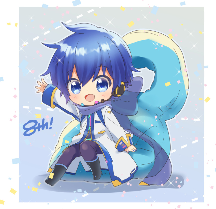 1boy anniversary birthday black_footwear blue_eyes blue_hair blue_nails blue_pants blue_scarf boots chibi coat commentary confetti hand_up headset highres kaito kaito_(vocaloid3) kikuchi_mataha knee_boots looking_at_viewer male_focus nail_polish number open_mouth pants scarf smile solo vocaloid white_coat