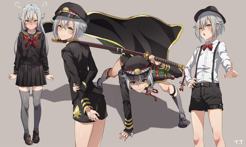 1boy =3 alternate_hair_length alternate_hairstyle armor black_serafuku black_shorts black_skirt blush bow bowtie cape casual crossdressing dress_shirt embarrassed expressive_hair green_eyes grey_hair grey_legwear hair_flaps hat hotarumaru japanese_armor long_hair long_sleeves male_focus military military_uniform miniskirt multiple_views ootachi otoko_no_ko pleated_skirt school_uniform serafuku shirt shorts shoulder_armor silver_hair skirt sock_garters sode suspender_shorts suspenders sword thighhighs tight_(ohmygod) touken_ranbu uniform weapon white_shirt zettai_ryouiki