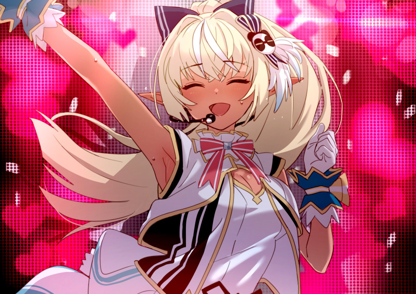 1girl :d absurdres arm_up armpits blonde_hair bow bowtie breasts cleavage closed_eyes dark_skin eyebrows_visible_through_hair gloves hair_ornament headset heart heart_background highres hololive long_hair medium_breasts nonstop_story open_mouth panda_hair_ornament pointy_ears ponytail shiranui_flare smile solo sweat symbol_commentary upper_body virtual_youtuber white_gloves yomosaka
