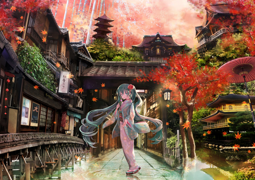 1girl absurdres aqua_eyes aqua_hair aqua_kimono architecture autumn_leaves bamboo bamboo_forest bridge character_name commentary daimonji east_asian_architecture falling_leaves floating_hair floral_print flower forest hair_flower hair_ornament hatsune_miku highres holding holding_flower huge_filesize japanese_clothes kimono kyoto lantern leaf long_hair looking_at_viewer maple_leaf nature obi oil-paper_umbrella pink_flower red_umbrella reflection ripples s_misaki sash scenery smile solo standing tabi temple translated twintails umbrella very_long_hair vocaloid yasaka_pagoda zouri