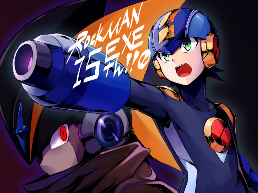 2boys blue_eyes character_name clip_studio_paint_(medium) collarbone copyright_name covered_collarbone english_text forte_(rockman) ginopi glowing glowing_eyes green_eyes hatching_(texture) helmet male_focus multiple_boys open_mouth outline rockman rockman_exe rockman_exe_(character) teeth tongue upper_body upper_teeth weapon