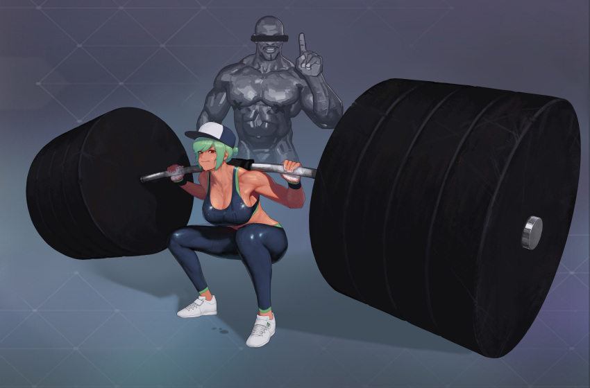 1boy 1girl abs absurdres bar_censor barbell baseball_cap breasts censored cleavage commentary dark_skin dark_skinned_female dgk gloves green_hair grin hat highres identity_censor large_breasts last_origin looking_at_viewer meme mighty_r muscular muscular_male navel red_eyes ronnie_coleman shoes short_hair skin_tight smile sneakers spandex sports_bra strong sweat tan toned weightlifting weights