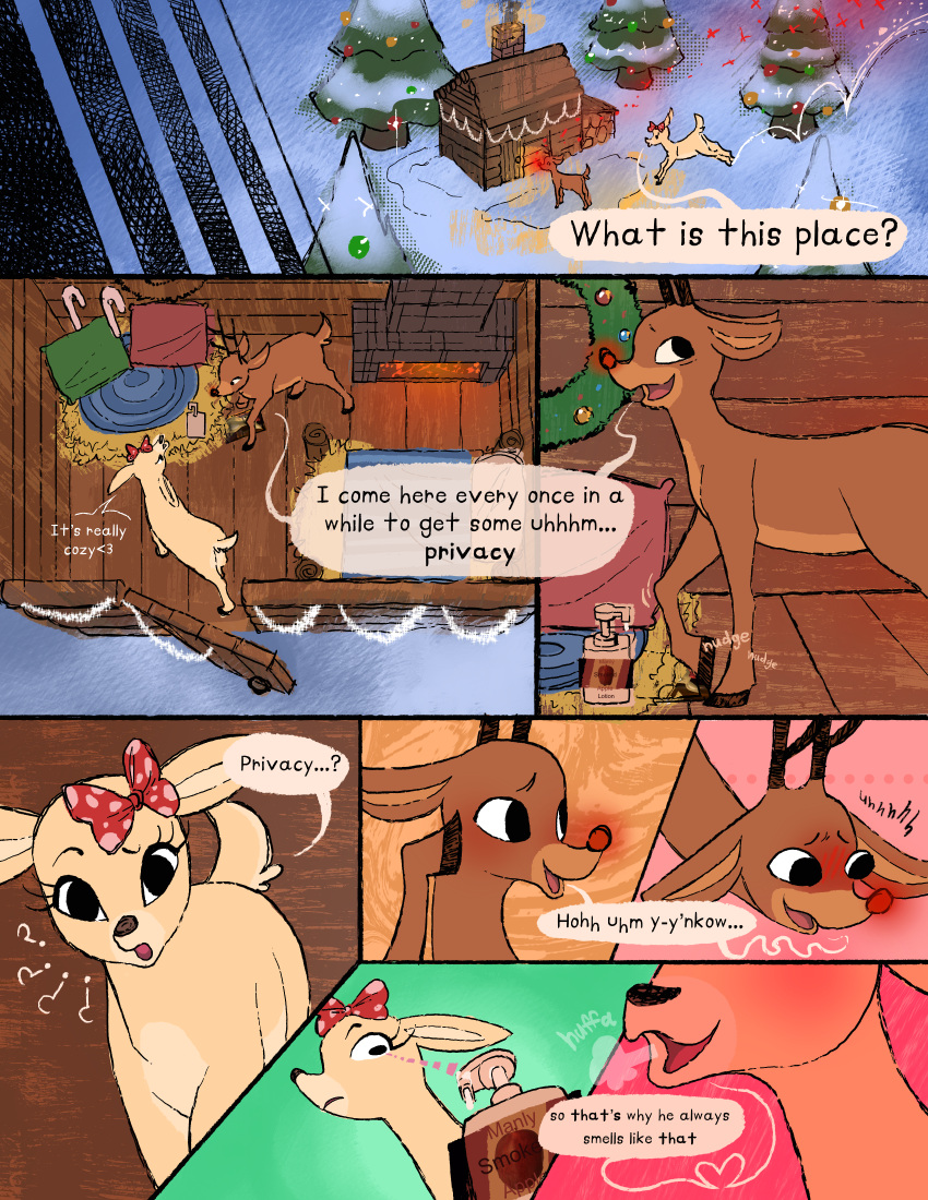 ? absurd_res accessory capreoline cervid christmas clarice_(rudolph_the_red-nosed_reindeer) comic dialogue duo female feral hair_accessory hair_bow hair_ribbon hi_res holidays kaboozey male mammal rankin/bass red_nose reindeer ribbons rudolph_the_red-nosed_reindeer_(tv_special) rudolph_the_red_nosed_reindeer