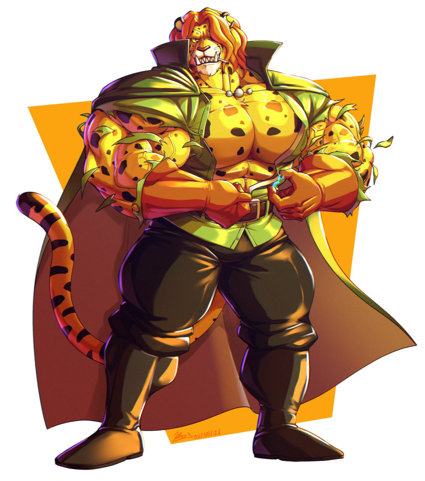 abs animal_humanoid anthro biceps big_biceps big_muscles big_pecs black_clothing breasts cape cigarette cleavage clothed clothing felid felid_humanoid flammars flexing green_clothing hi_res huge_muscles humanoid hyper hyper_muscles jaguar male mammal mammal_humanoid muscular one_piece open_clothing open_shirt open_topwear pantherine pecs pedro_of_the_treetops purple_light shirt solo spots spotted_body spotted_tail tight_clothing topwear torn_clothing torn_shirt torn_topwear yellow_body yellow_light yellow_sclera yongdasom