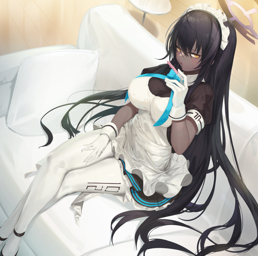 1girl absurdres ahoge apron bangs black_footwear black_hair blue_archive blue_ribbon breasts commentary couch crossed_legs dark_skin dark_skinned_female gloves hair_between_eyes half-closed_eyes halo hand_on_own_thigh hand_up highres holding jam_(nandade) karin_(blue_archive) large_breasts long_hair looking_at_viewer maid_headdress on_couch pantyhose parted_lips pillow pregnancy_test puffy_short_sleeves puffy_sleeves ribbon short_sleeves sitting solo very_long_hair white_apron white_gloves white_legwear yellow_eyes