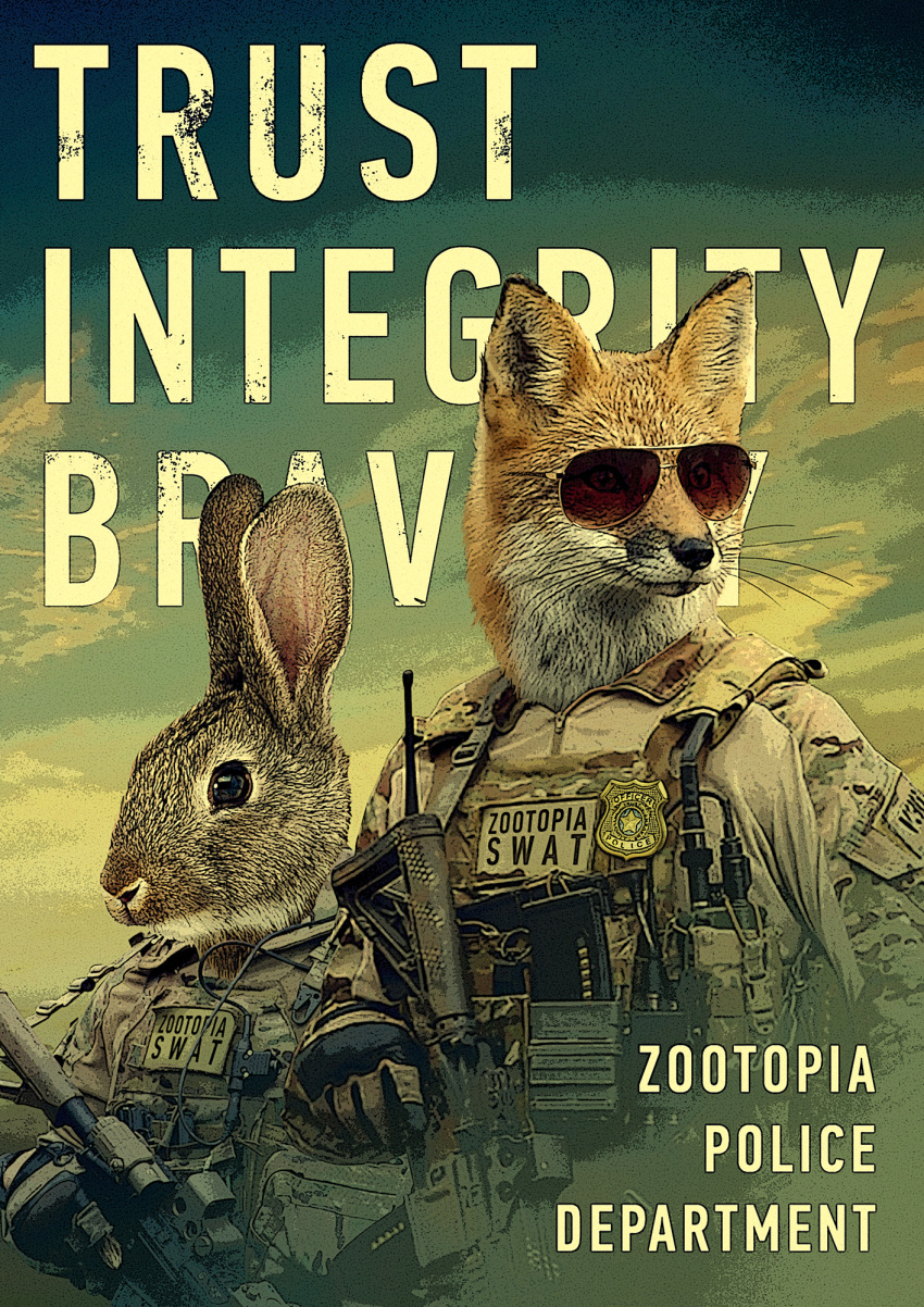 anthro ar-15 ar-15_style_gun bulletproof_vest camo camo_clothing camo_print canid canine clothing disney duo eyewear fox hi_res holding_object holding_weapon lagomorph leporid mammal pattern_clothing police police_badge rabbit realistic red_fox rostozz sunglasses swat weapon zootopia