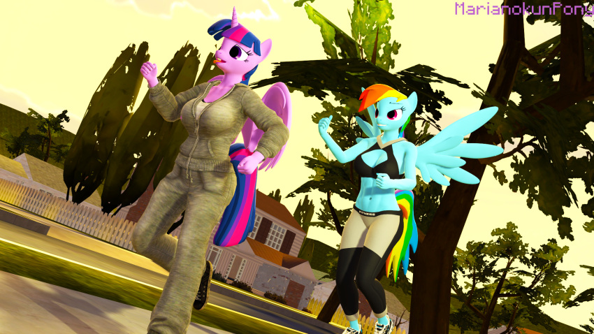 3d_(artwork) anthro digital_media_(artwork) duo exercise exercise_clothing female female/female friendship_is_magic hasbro hi_res marianokun my_little_pony rainbow_dash_(mlp) running source_filmmaker spread_wings tongue tongue_out twilight_sparkle_(mlp) wings