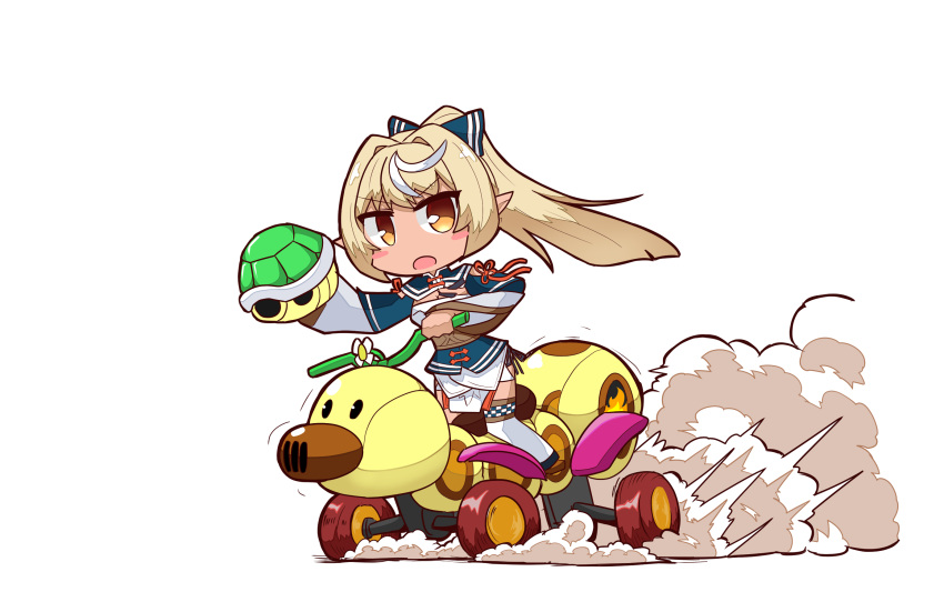 1girl bangs blonde_hair blush_stickers bow brown_eyes chibi commentary_request dark_elf dark_skin dark_skinned_female elf eyebrows_visible_through_hair green_shell ground_vehicle hair_bow hair_ornament high_ponytail highres hololive kuroshiro1011 long_hair looking_at_viewer mario_(series) mario_kart mario_kart_8 motor_vehicle motorcycle multicolored_hair pointy_ears ponytail riding shiranui_flare sidelocks single_thighhigh solo streaked_hair thighhighs turtle_shell v-shaped_eyebrows virtual_youtuber wild_wiggler yellow_eyes