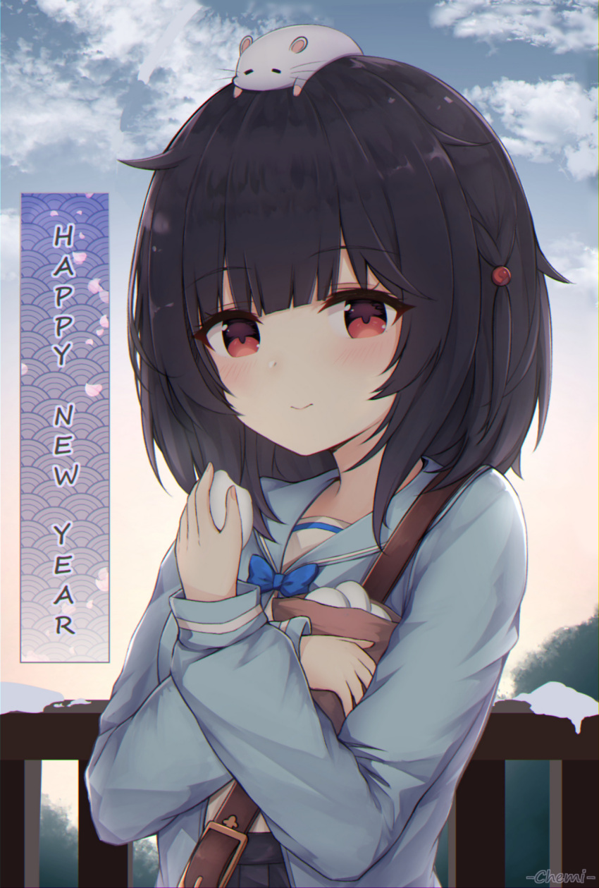 1girl 2021 animal_on_head bangs black_hair black_skirt blue_jacket blue_neckwear blue_sailor_collar blue_sky bow bowtie closed_mouth cloud commentary day english_commentary eyebrows_visible_through_hair fence food granblue_fantasy happy_new_year highres holding holding_food jacket linez looking_at_viewer mochi mouse new_year on_head open_clothes open_jacket outdoors pleated_skirt red_eyes revision sailor_collar shirt skirt sky smile snow solo vikala_(granblue_fantasy) white_shirt