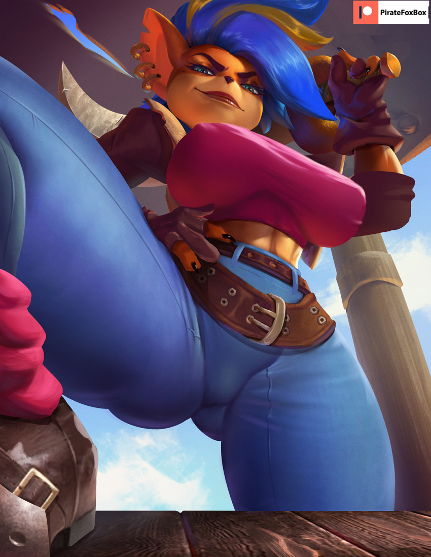 abs activision anthro bandicoot belt bottomwear breasts breasts_apart butt butt_from_the_front claws clothed clothing crash_bandicoot_(series) denim denim_clothing ear_piercing female fingerless_gloves fully_clothed gloves handwear hi_res humanoid_pointy_ears jeans low-angle_view mammal marsupial melee_weapon midriff mohawk nipple_outline pants piercing pirate_tawna piratefoxbox solo spread_legs spreading sword tawna_bandicoot thick_thighs tight_clothing video_games weapon wide_hips