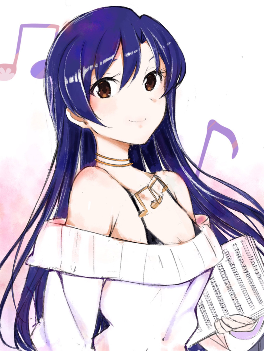 1girl bangs black_bra blue_hair bra brown_eyes closed_mouth floating_hair hair_between_eyes highres holding idolmaster idolmaster_(classic) kisaragi_chihaya long_hair looking_at_viewer musical_note off-shoulder_sweater off_shoulder shiny shiny_hair sketch smile solo suzumo70 sweater underwear upper_body very_long_hair white_background white_sweater