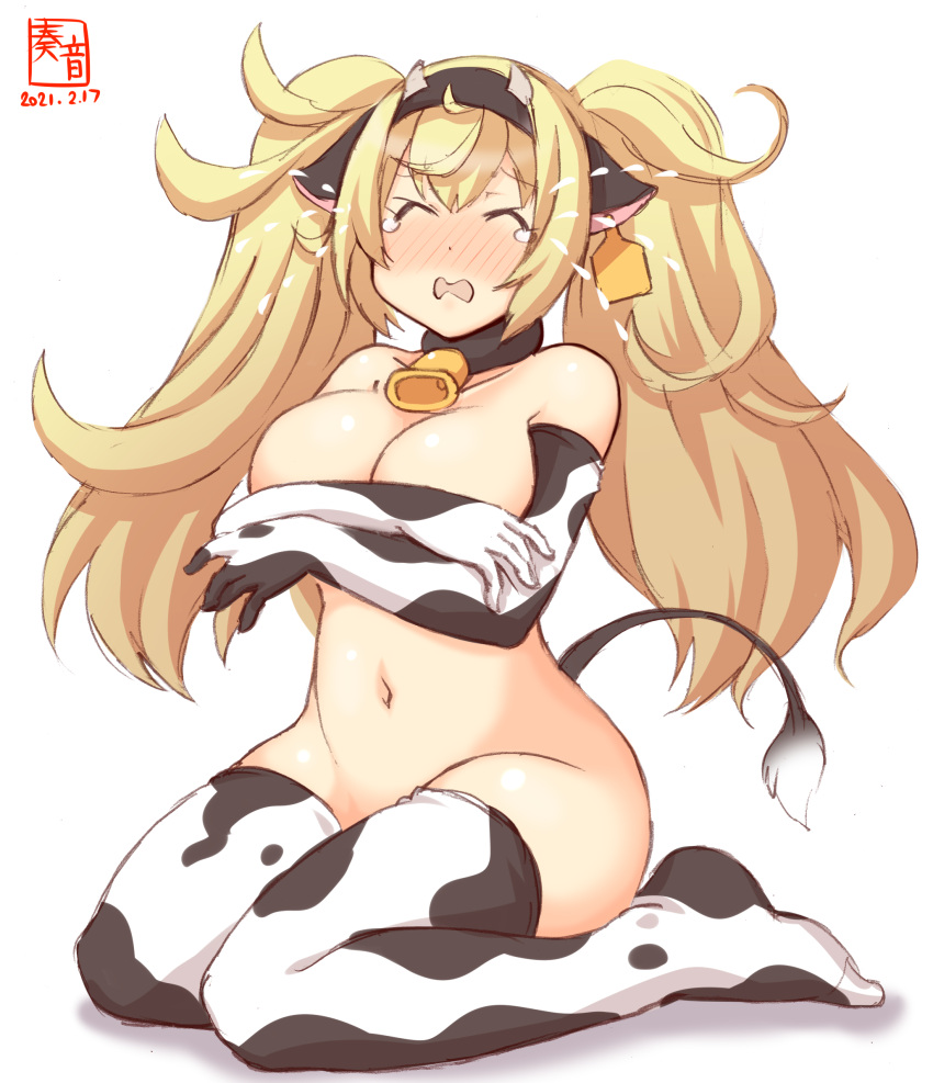 1girl animal_ears animal_print artist_logo bell blonde_hair breasts cleavage closed_eyes commentary_request covering covering_breasts cow_ears cow_horns cow_print cow_tail cowbell crying dated ear_tags elbow_gloves fake_animal_ears fake_horns full_body gambier_bay_(kancolle) gloves highres horns kanon_(kurogane_knights) kantai_collection large_breasts navel nude simple_background sitting solo tail tears thighhighs twintails wariza white_background white_gloves white_legwear