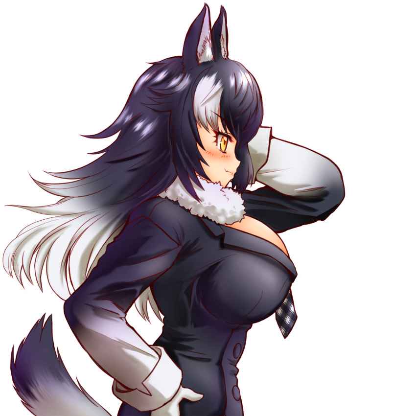 1girl absurdres animal_ear_fluff animal_ears black_hair breasts eyebrows_visible_through_hair fur_collar gloves grey_wolf_(kemono_friends) hakumaiya hand_in_hair hand_on_hip highres kemono_friends large_breasts long_hair looking_away multicolored_hair necktie simple_background solo tail two-tone_hair white_background white_gloves white_hair wolf_ears wolf_girl wolf_tail yellow_eyes