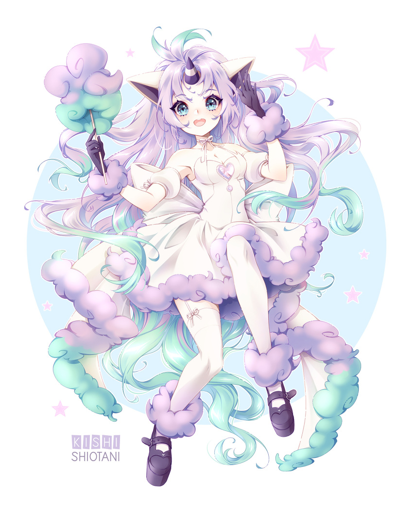 1girl animal_ears artist_name bare_shoulders blue_eyes commentary_request dress eyelashes full_body galarian_form galarian_ponyta gen_8_pokemon gloves highres holding horns kishishiotani looking_at_viewer open_mouth personification pokemon purple_hair shoes single_horn solo star_(symbol) thighhighs tongue white_legwear