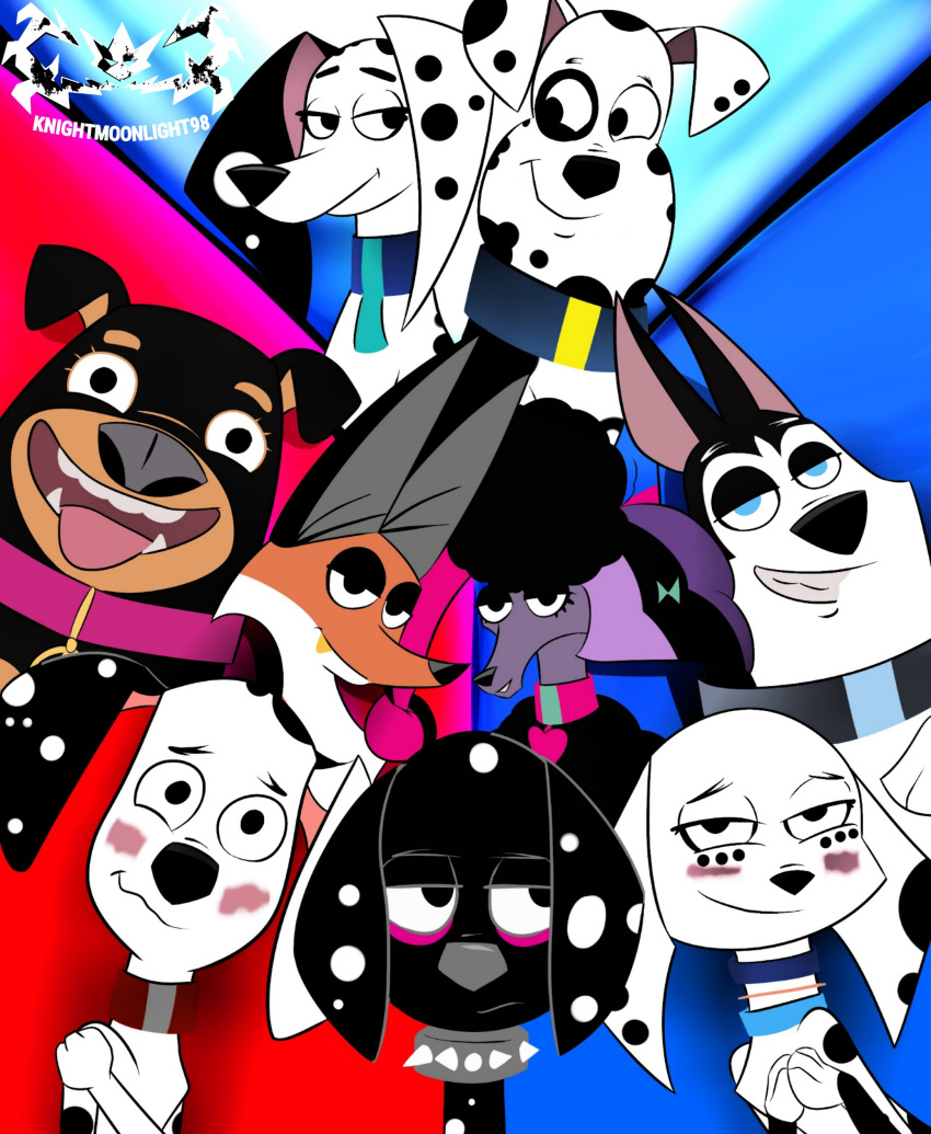 101_dalmatian_street 101_dalmatians absurd_res black_body black_fur blush brown_body brown_fur canid canine canis dalmatian dante_(101_dalmatians) delilah_(101_dalmatians) digital_media_(artwork) disney dolly_(101_dalmatians) domestic_dog doug_(101_dalmatians) dylan_(101_dalmatians) fangs female feral fergus_(101_dalmatians) fox fur group hansel_(101_dalmatians) hi_res husky knightmoonlight98 male mammal multicolored_body multicolored_fur nordic_sled_dog open_mouth open_smile orange_body orange_fur portia_(101_dalmatian_street) roxy simple_background smile spitz teeth two_tone_body two_tone_fur white_body white_fur