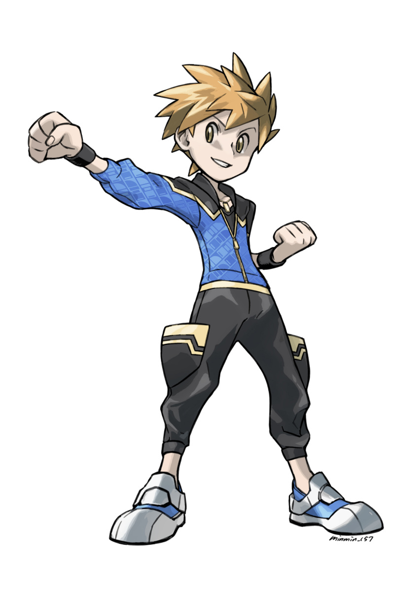 1boy artist_name bangs black_pants black_wristband blue_oak clenched_hands clenched_teeth donnpati full_body highres jacket legs_apart looking_to_the_side male_focus orange_hair pants parted_lips pokemon pokemon_(game) pokemon_masters_ex shoes short_hair simple_background smile solo spiked_hair standing teeth white_background zipper zipper_pull_tab