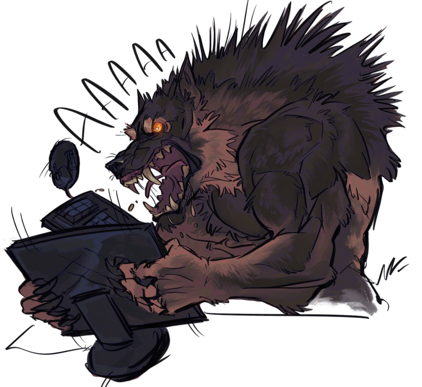 5_fingers angry anthro biped bodily_fluids brown_body brown_fur canid canine canis claws computer computer_mouse fangs fingers fur hi_res keyboard_(computer) male mammal monitor motion_lines multicolored_body multicolored_fur muscular muscular_anthro muscular_arms muscular_male nmvsolidus open_mouth orange_sclera reaction_image saliva saliva_string screaming sharp_teeth simple_background solo teeth tongue were werecanid werecanine werewolf white_background wolf