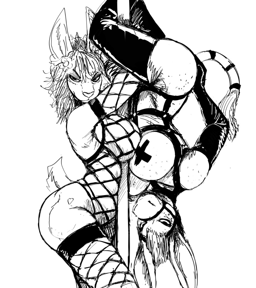 2021 anthro asinus black_and_white body_harness donk_sis donkey duo equid equine female fishnet_clothing fishnet_thigh_highs flower flower_hair harness hi_res hladilnik lagomorph leather leporid mammal monochrome pasties plant plant_hair pole pseudo_hair rabbit stripper stripper_pole upside_down