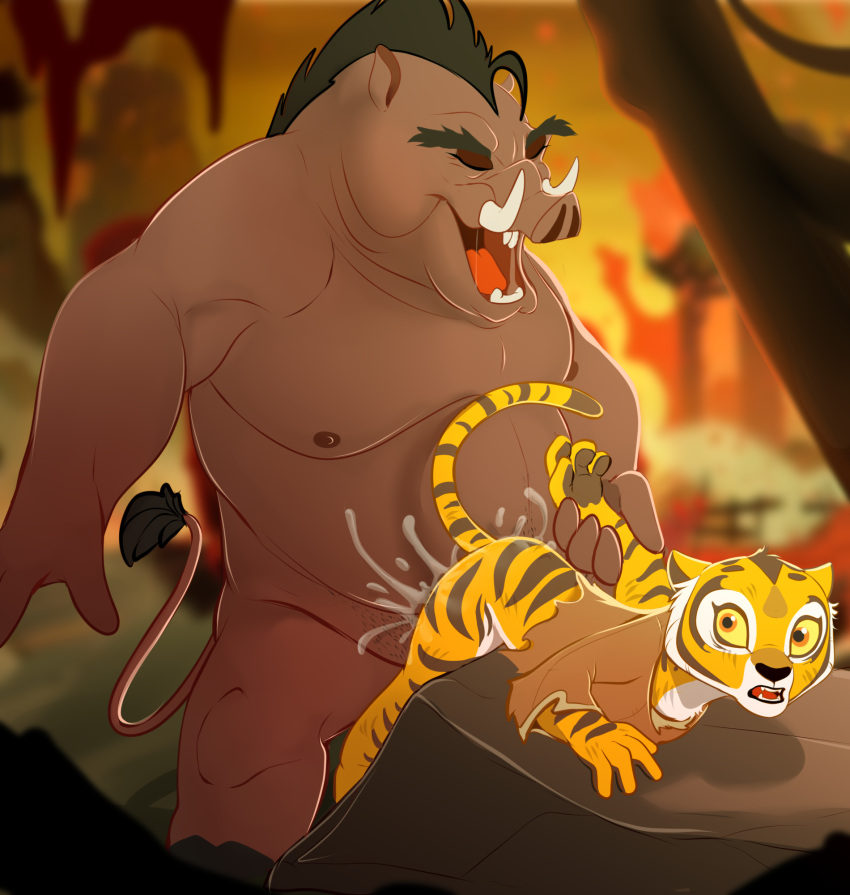 anthro black_hair bodily_fluids brown_body clothing cum cum_inside detailed_background dreamworks duo ejaculation eyes_closed fangs felid female forced from_behind_position fur genital_fluids hair hi_res holding_arm kung_fu_panda male male/female mammal master_tigress mostly_nude muscular muscular_male open_mouth orange_body orange_fur pantherine rape red_eyes sex short_hair size_difference striped_body stripes suid suina sus_(pig) tiger tongue torn_clothing tusks wild_boar wugi yellow_sclera