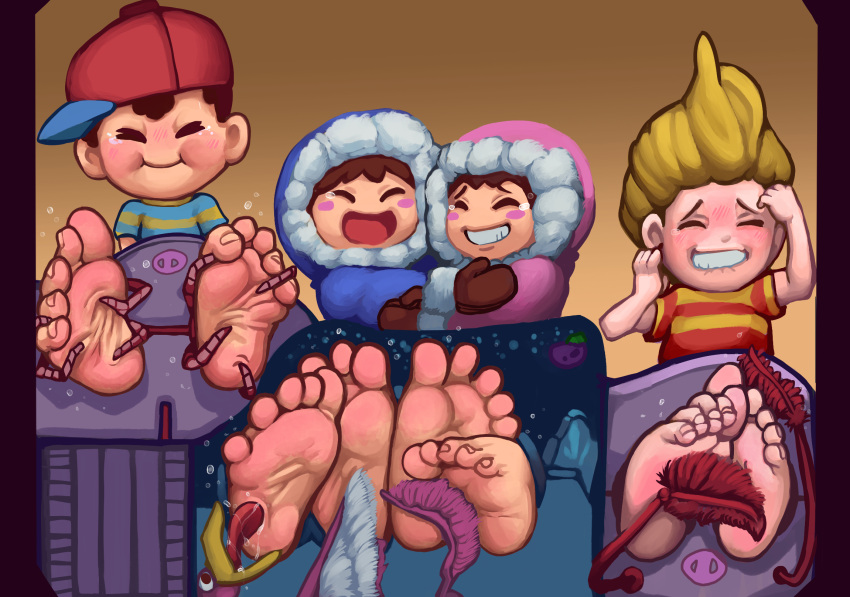 bound captured child earthbound_(series) female foot_fetish foot_focus group hi_res human laugh lucas_(earthbound) male mammal nana_(ice_climber) ness nintendo not_furry popo_(ice_climber) tickling tickling_feet twomario_(artist) video_games young