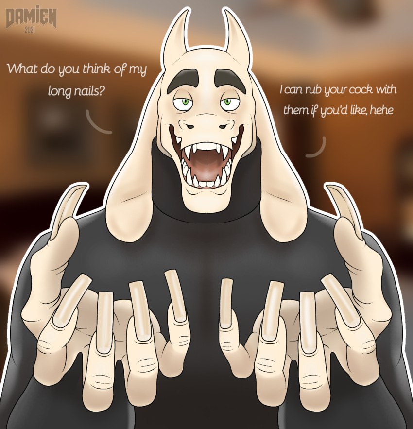 2021 5_claws 5_fingers 5_nails anthro asriel_dreemurr bedroom big_hands boss_monster bovid bovine caprine cattle claw_fetish claws clothed clothing demondoggodamien dialogue digital_media_(artwork) english_text eyebrows fangs finger_claws finger_fetish finger_play fingernails fingers fur goat hand_fetish hand_focus hands_out hi_res horn humanoid_hands implied_handjob inviting long_ears long_nails looking_at_viewer male mammal monster nail_fetish nails offering_to_viewer open_mouth presenting raised_claws reaching_towards_viewer sex shirt signature simple_background smile solo speech_bubble suggestive talking_to_viewer teasing teeth text tongue topwear turtleneck turtleneck_sweater undertale video_games white_body white_fur