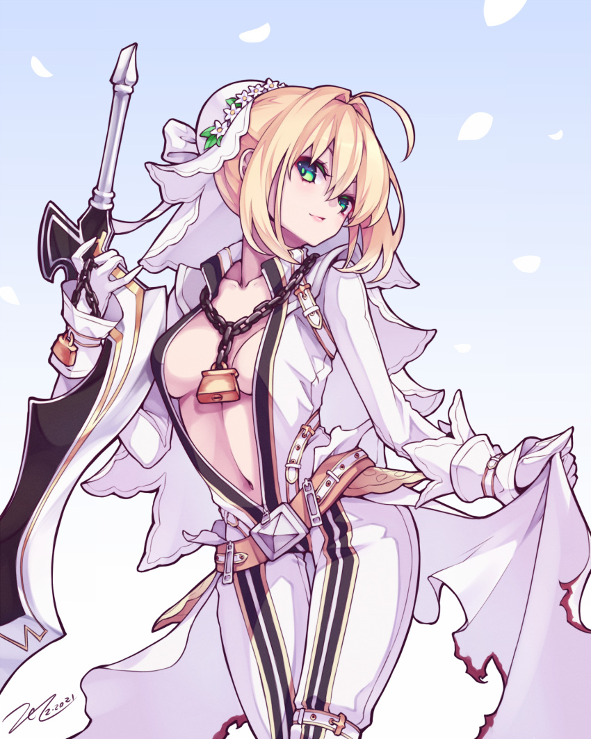 1girl aestus_estus ahoge belt blonde_hair breasts bridal_veil center_opening chain closed_mouth commentary_request dated fate/extra fate/extra_ccc fate_(series) full-length_zipper gloves hair_between_eyes highres holding holding_sword holding_weapon lips lock looking_at_viewer medium_breasts navel nero_claudius_(bride)_(fate) nero_claudius_(fate)_(all) padlock scarlet_zel short_hair signature smile solo standing sword veil weapon white_gloves zipper